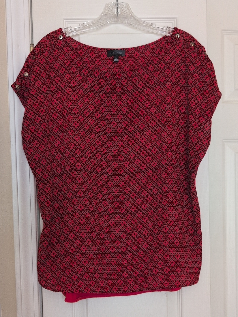 The Limited Red and Black Short Sleeve Blouse with Button Accents